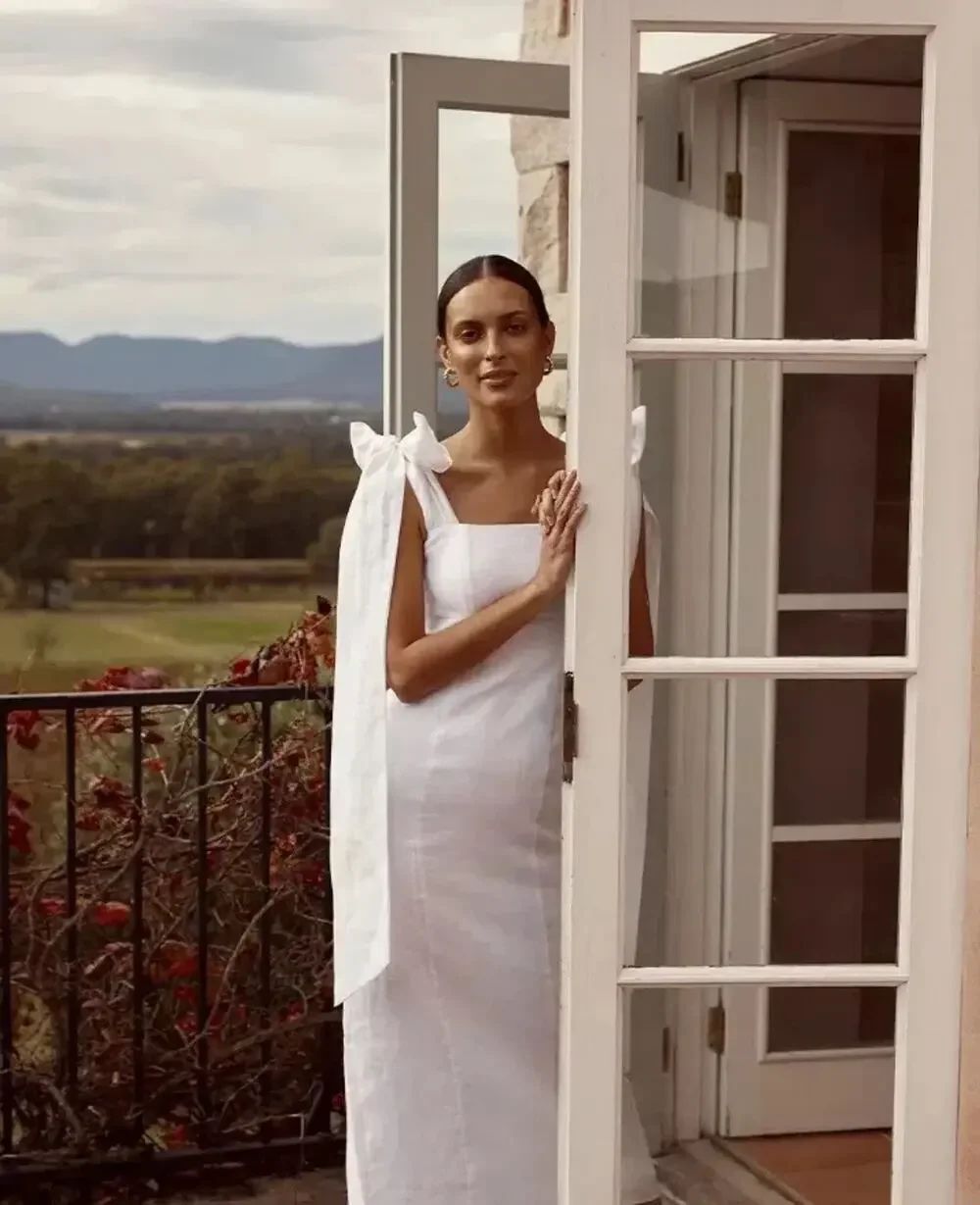 Dissh Aisle Linen White Tie Shoulder Midi Dress US 4 AU 8 EU 36
